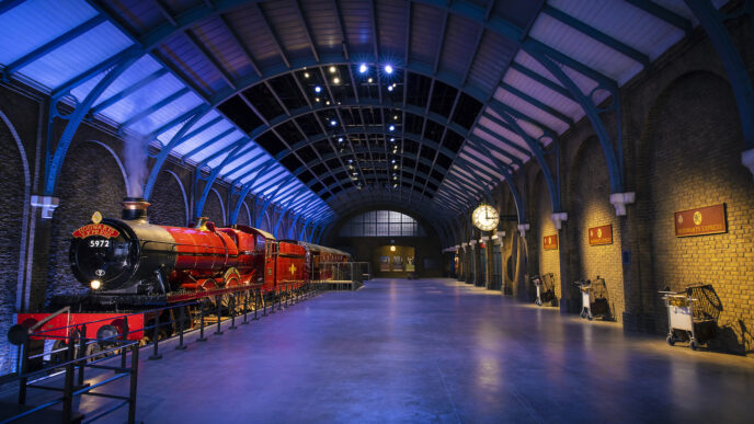 venue/architecture

Andén con tren Hogwarts Express en estudio Warner Bros. Londres, Reino Unido. Arquitectura de ladrillo y techo abovedado con iluminación azul.
