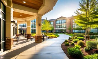 Bienestar y adquisiciones Welltower: Vista exterior luminosa de residencia asistida con jardín y senderos. Arquitectura moderna y entorno natural.