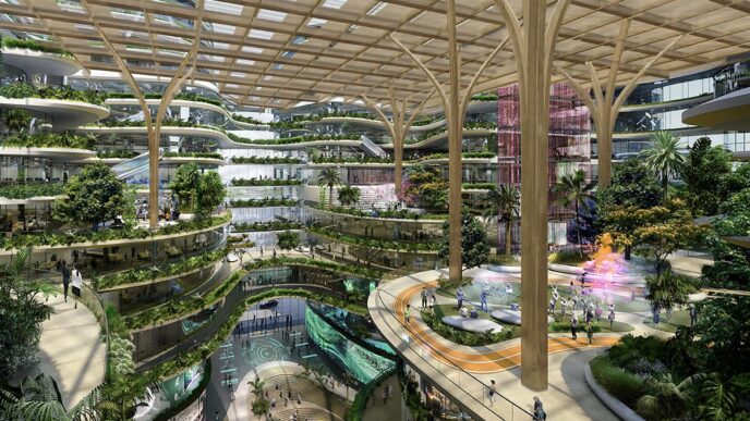 Arquitectura futurista de un espacio con vegetación, posible sede de Inmobiliare Summits. Diseño innovador para eventos de real estate en LATAM.