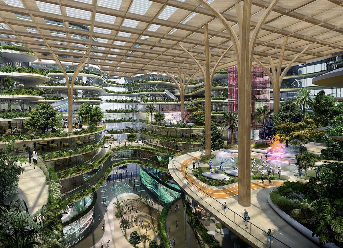 Arquitectura futurista de un espacio con vegetación, posible sede de Inmobiliare Summits. Diseño innovador para eventos de real estate en LATAM.