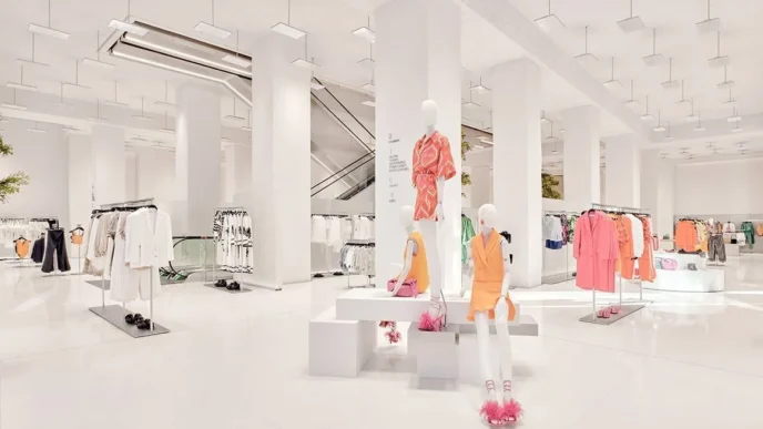 Venue/architecture.
Interior de la tienda Zara en Madrid, parte de la transformación del fashion retail. Diseño moderno y minimalista. Real estate LATAM.