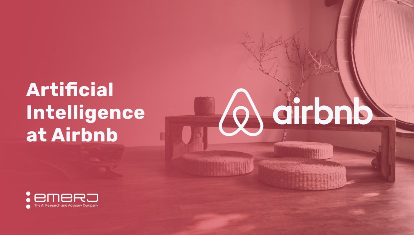 Mesa baja con cojines en el piso, texto Inteligencia Artificial en Airbnb y logo de Airbnb visibles.