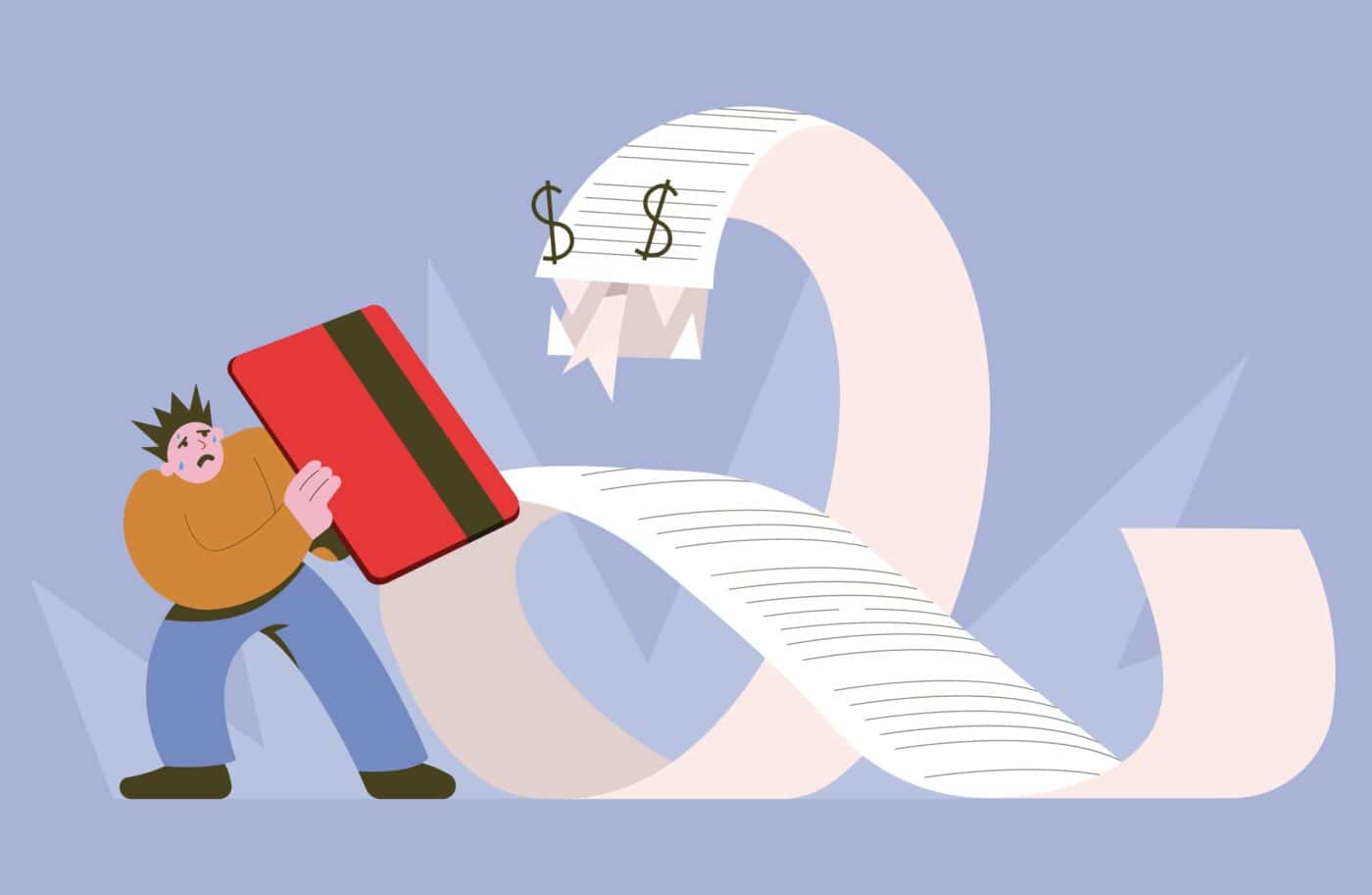 Persona sostiene una tarjeta de crédito grande y un recibo con signos de dólar en forma de serpiente.