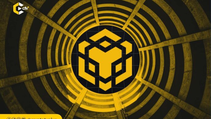 Imagen de BNB Chain, Binance Pay, Google Cloud y Mastercard, en un diseño abstracto amarillo sobre fondo oscuro, que representa pagos agentic con IA.