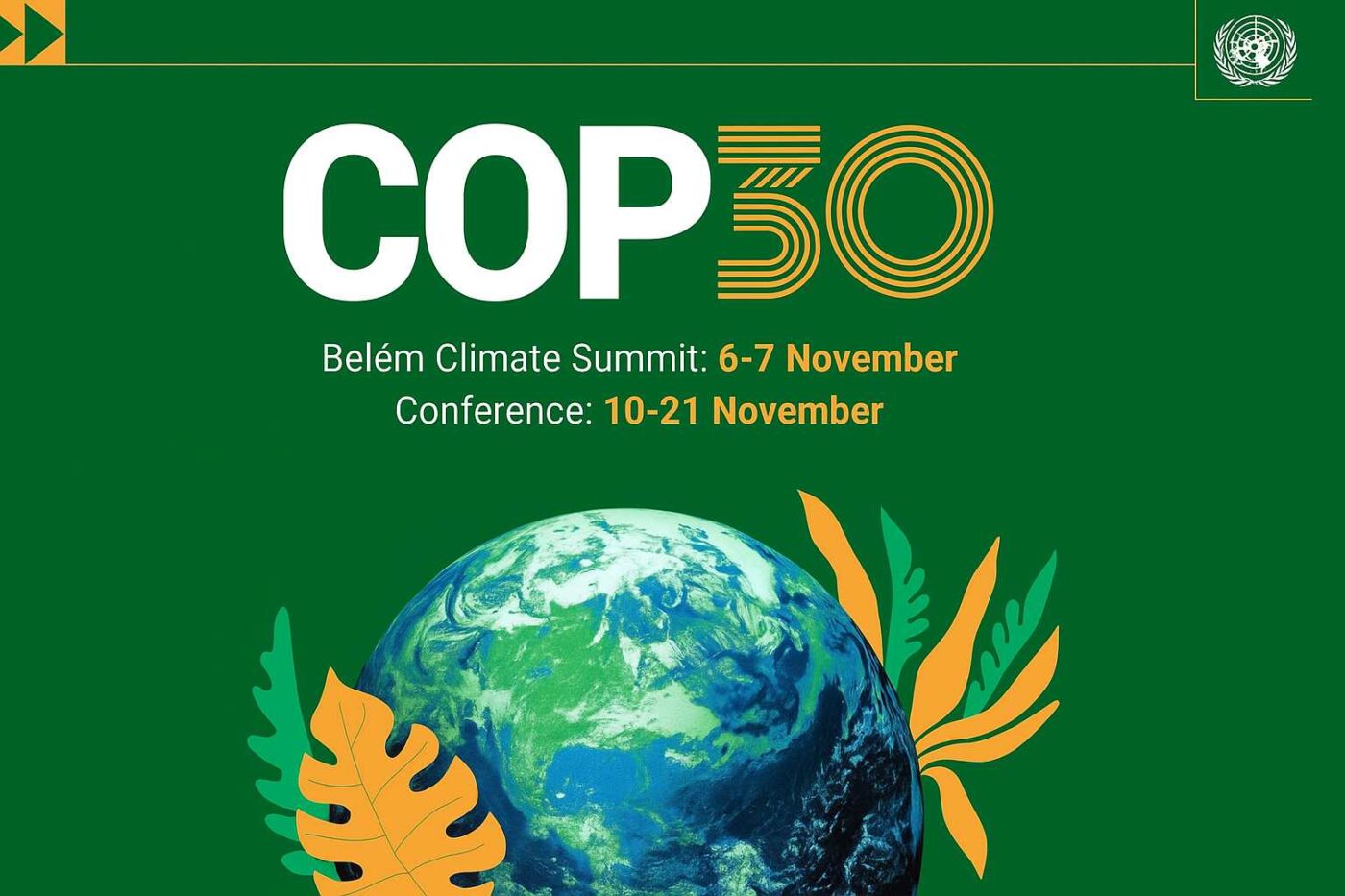 Afiche COP30 Belém: Cumbre Climática sobre innovación y colaboración global. Tierra y hojas tropicales simbolizan futuro sostenible. 124 chr