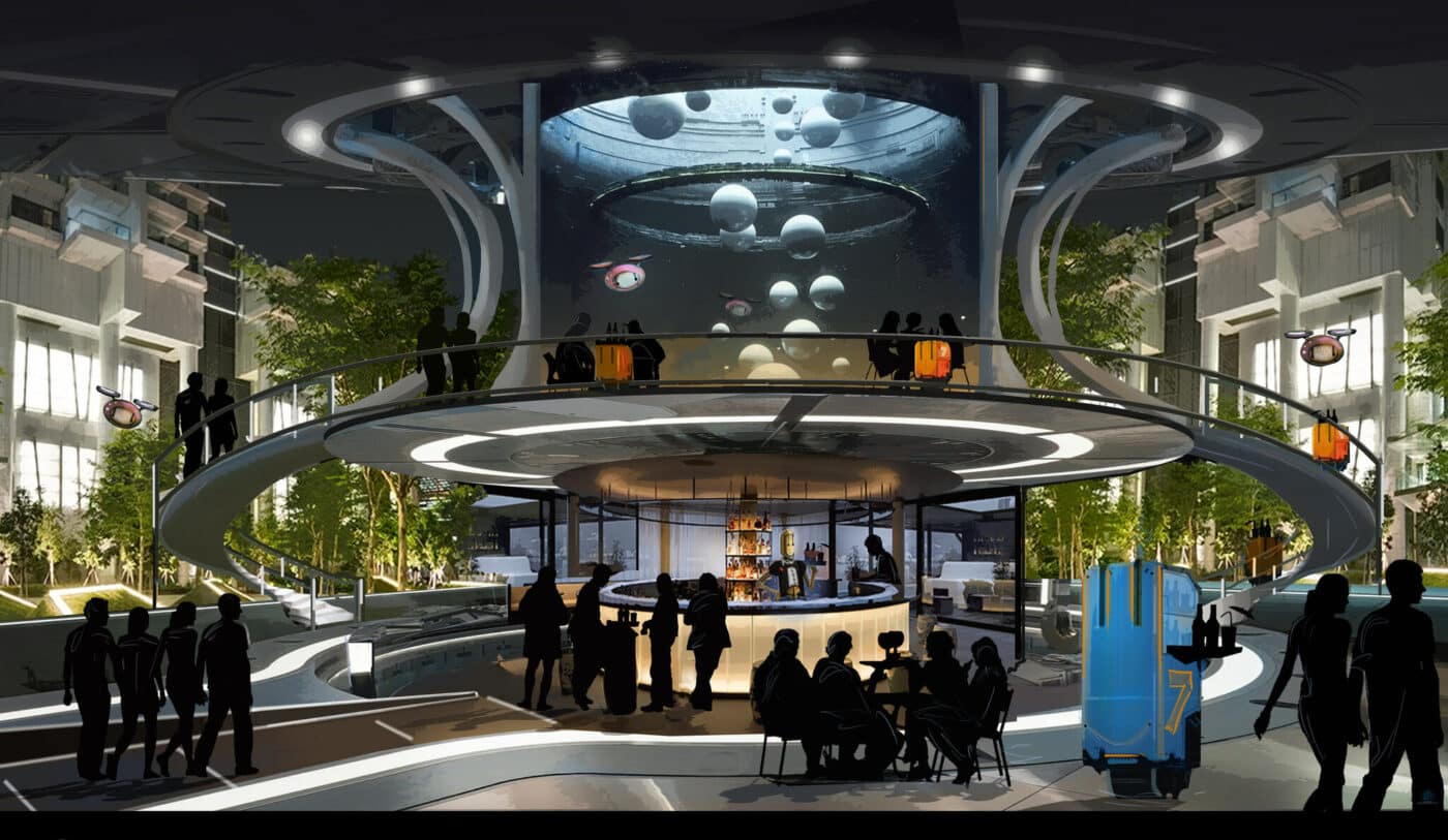 Innovador diseño hospitality 2025: bar futurista al aire libre con esferas luminosas. Impacto de bancarrotas en hoteles de lujo y diseño.