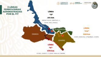 Mapa con líneas ferroviarias Z, FA, K y red CIIT visibles en Veracruz, Oaxaca, Chiapas y Villahermosa.