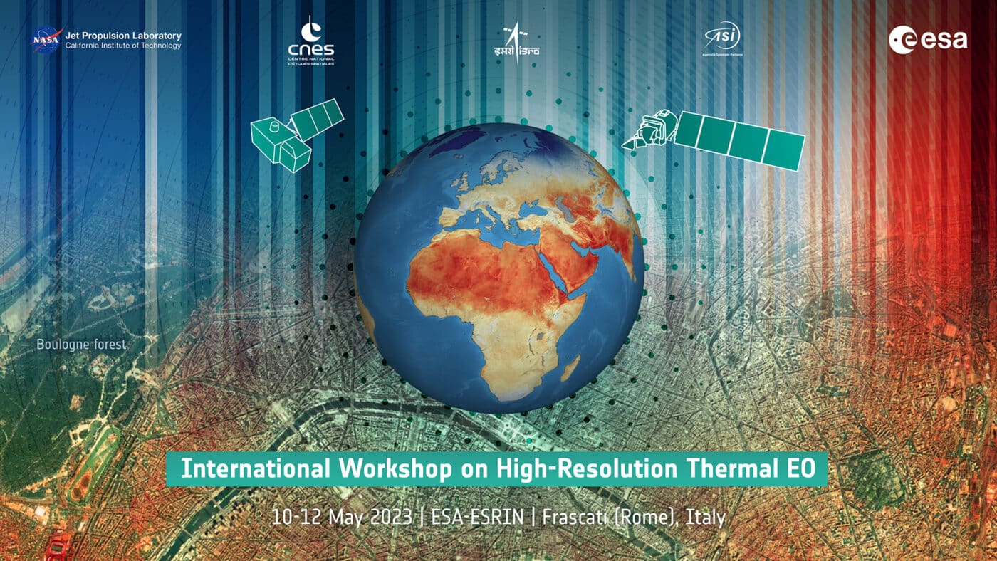 Imagen del Workshop Internacional de Alta Resolución Térmica EO con logos de NASA, CNES, ESA y un globo terráqueo detallado. Satélites.