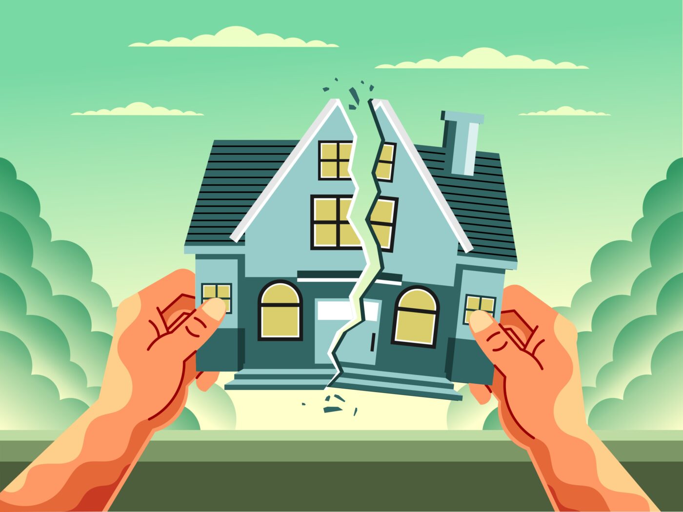 Dos personas sostienen mitades de una casa separada sobre fondo blanco.