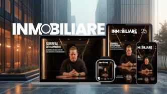 Promoción inmobiliaria en laptop, tablet, smartphone y smartwatch. Diseño con texto "Inmobiliare" y persona. Estrategia digital de marketing.