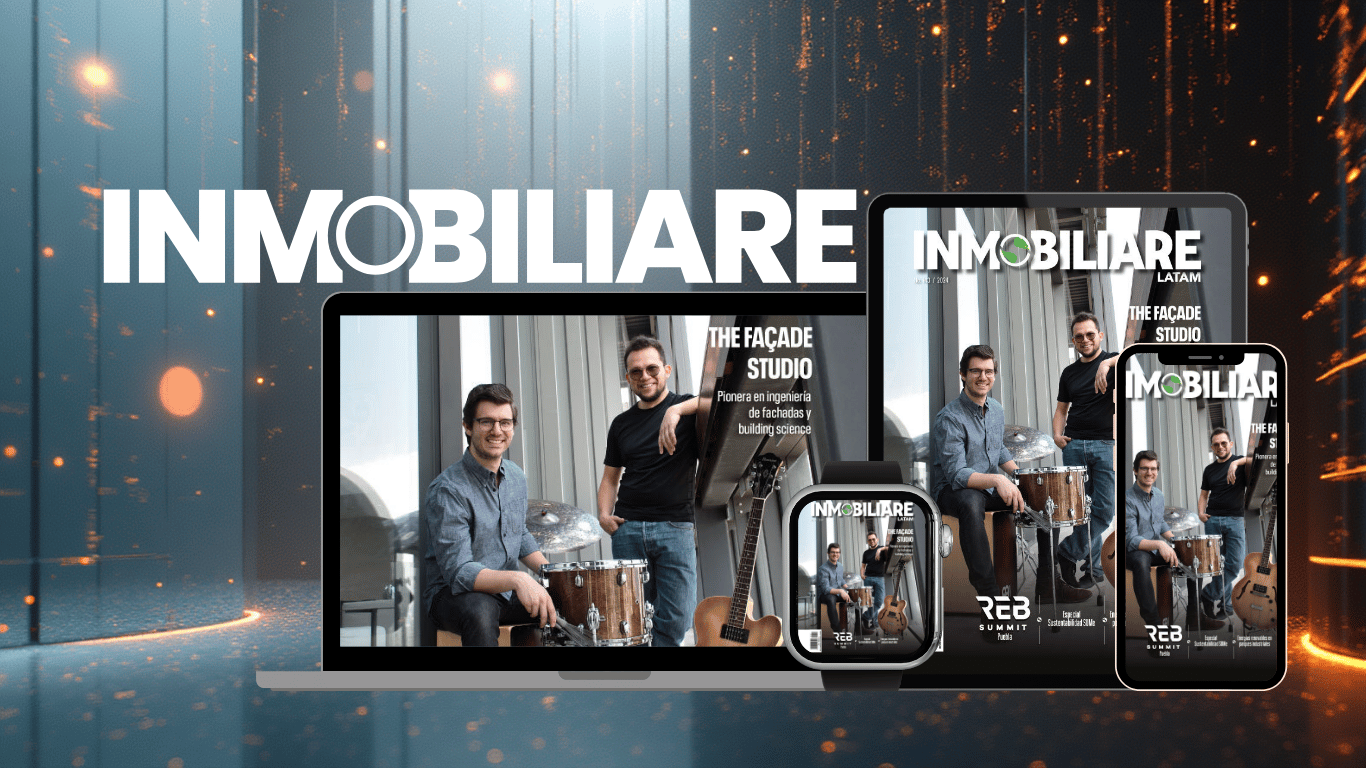 Revista Inmobiliare LATAM en dispositivos: laptop, tablet, smartwatch y smartphone. Destaca The Façade Studio, pionera en ingeniería.