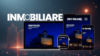 Presentación inmobiliaria Gran Telchac en dispositivos: laptop, tablet, smartwatch y móvil. Diseño moderno y elegante, destacando la joya de la nueva Riviera.