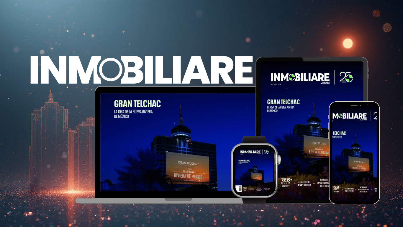 Presentación inmobiliaria Gran Telchac en dispositivos: laptop, tablet, smartwatch y móvil. Diseño moderno y elegante, destacando la joya de la nueva Riviera.