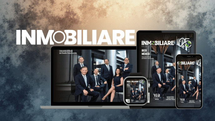 Imagen de la revista Inmobiliare en dispositivos: laptop, tablet, smartwatch y smartphone. Diseño, construcción e inmobiliaria en México.