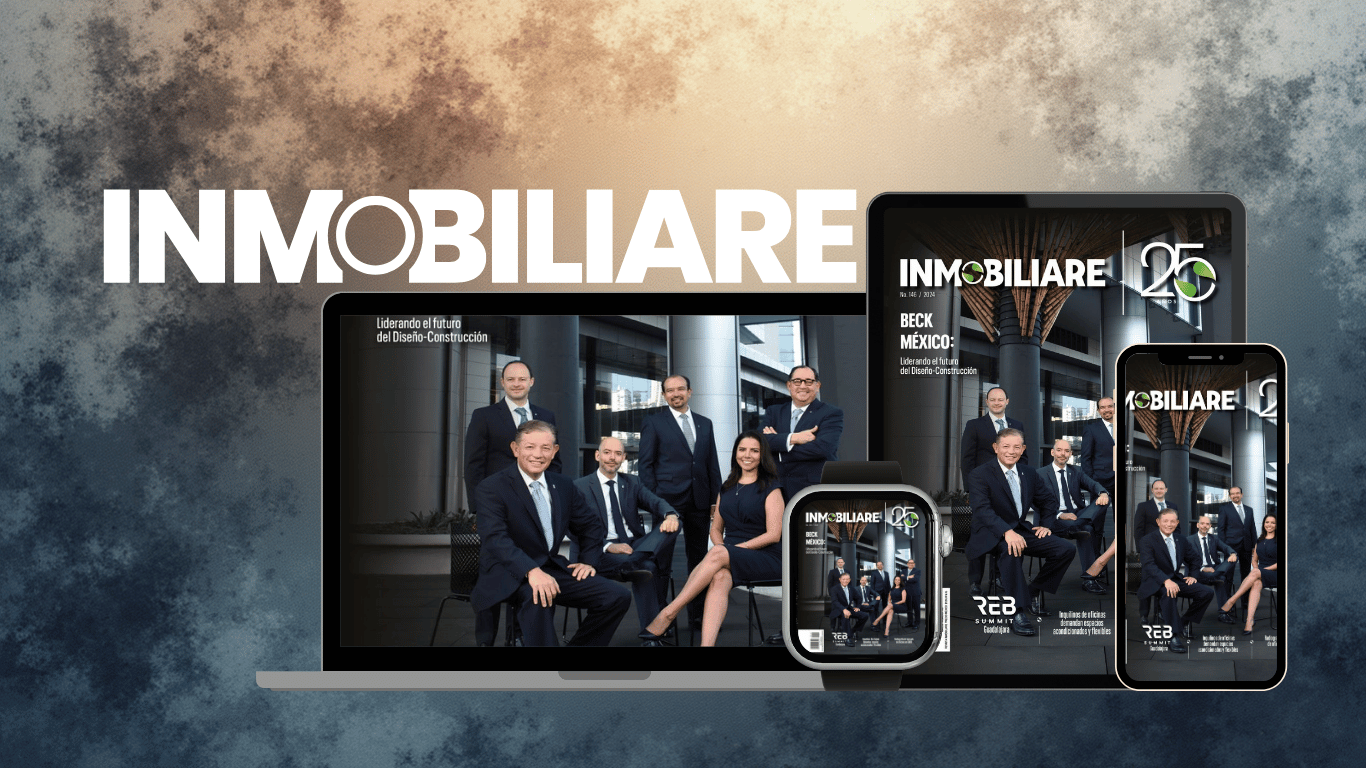 Imagen de la revista Inmobiliare en dispositivos: laptop, tablet, smartwatch y smartphone. Diseño, construcción e inmobiliaria en México.