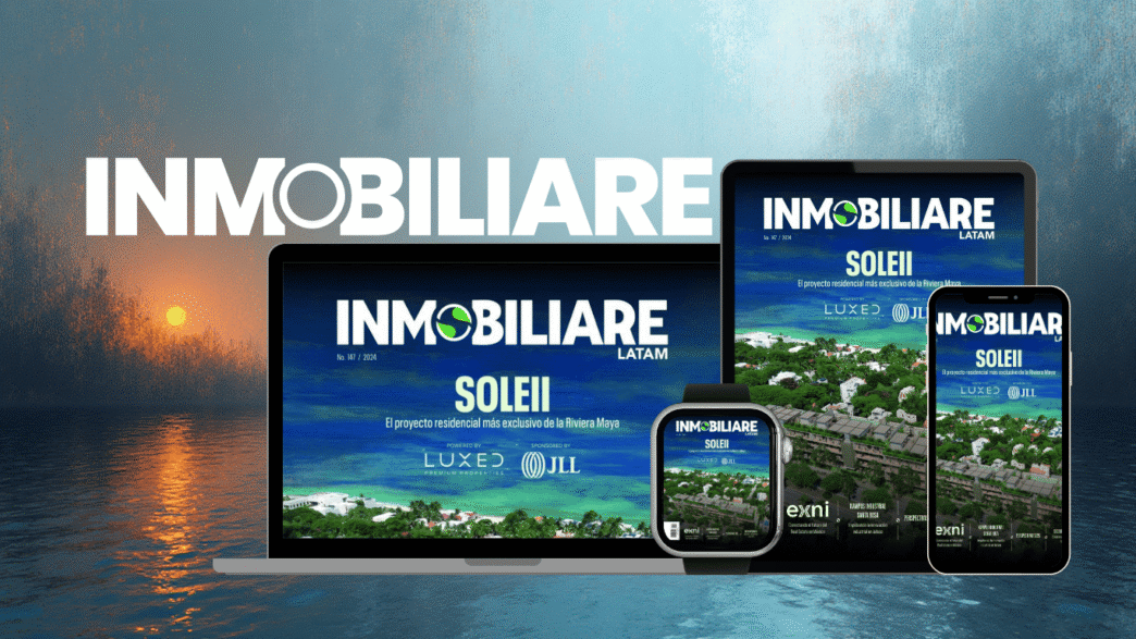 Revista Inmobiliare Soleii en laptop, tablet, reloj y móvil que muestra el proyecto residencial en Riviera Maya. Diseño atractivo y moderno.
