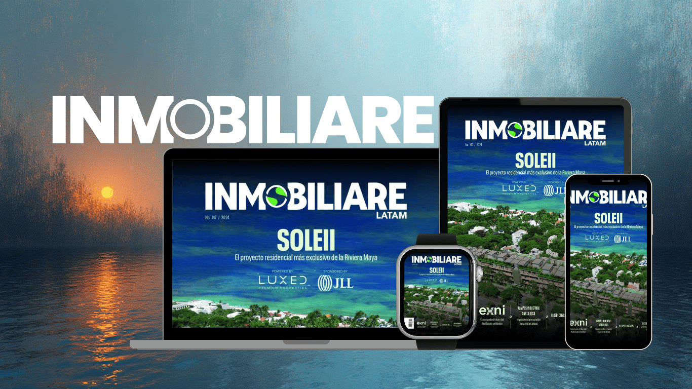 Revista Inmobiliare Soleii en laptop, tablet, reloj y móvil que muestra el proyecto residencial en Riviera Maya. Diseño atractivo y moderno.