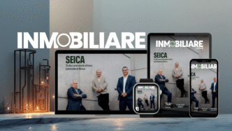 Imagen de la revista Inmobiliare en dispositivos digitales: laptop, tablet, teléfono y smartwatch. Destaca SEICA y su futuro sustentable.