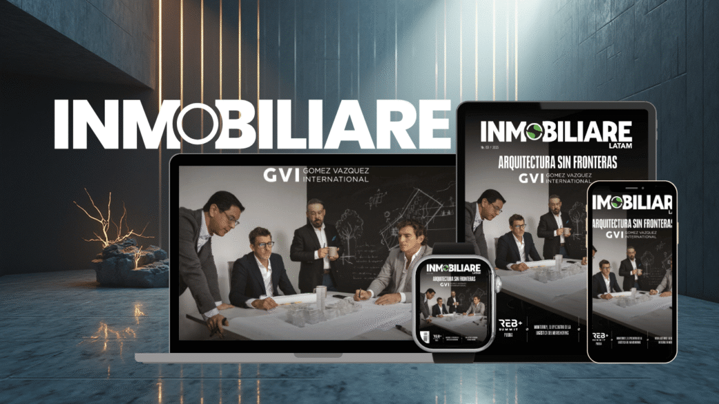 Imagen que muestra la revista Inmobiliare en varios dispositivos: laptop, tablet, reloj inteligente y smartphone. Arquitectura sin fronteras GVI