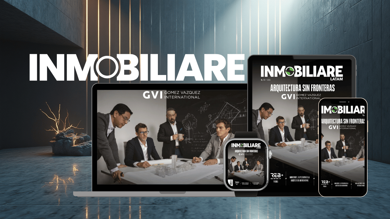 Imagen que muestra la revista Inmobiliare en varios dispositivos: laptop, tablet, reloj inteligente y smartphone. Arquitectura sin fronteras GVI