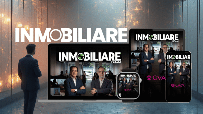 Diseño inmobiliario LATAM en laptop, tablet, teléfono y reloj. Presentación de bienes raíces en dispositivos digitales con logo Inmobiliaria.