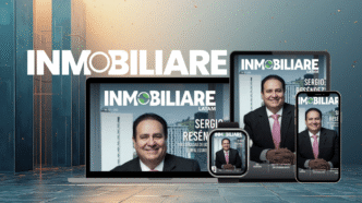 Revista Inmobiliaria LATAM en laptop, tablet, smartwatch y celular. Sergio Reséndez en portada. Marketing digital inmobiliario.