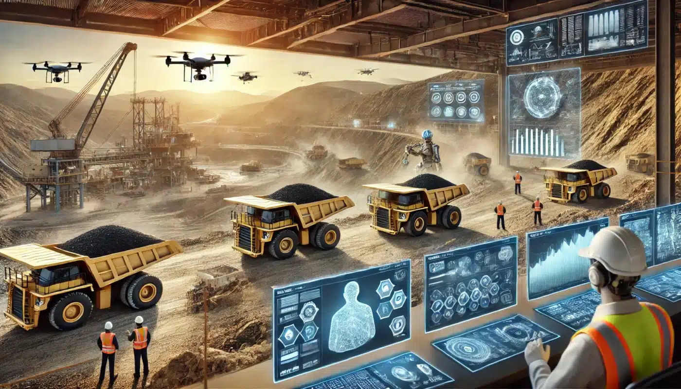 Imagen de minería con drones, camiones de volteo llenos, analista de IA en Brasil Potash, optimización de la extracción, seguridad y control.