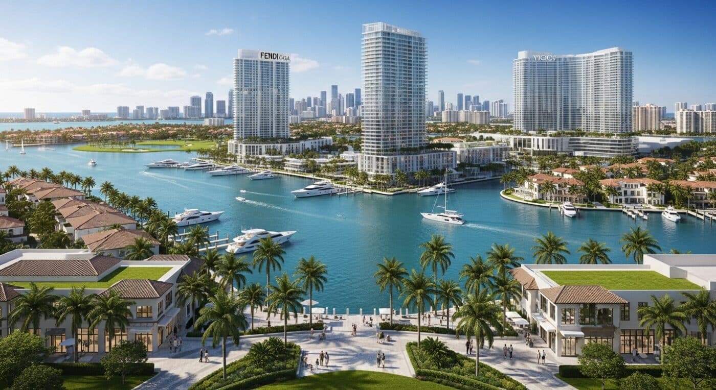 Vista aérea de Miami, capital del lujo, con edificios modernos, yates en el agua y palmeras. Un destino atractivo para compradores latinoamericanos.
