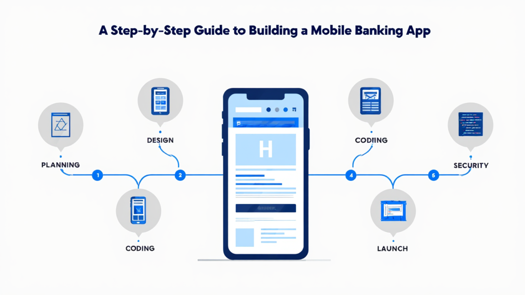 Infografía de banca móvil corporativa 2026: visualiza el proceso de desarrollo de apps con APIs, IA y pagos en tiempo real para inmobiliarias.