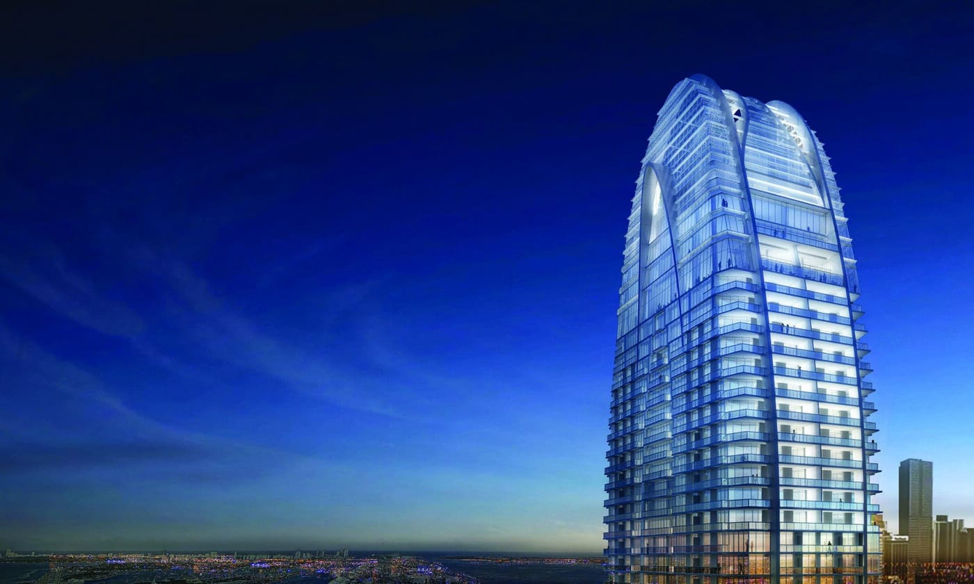 Okan Tower, el rascacielos de lujo en Miami, Florida, será el más alto. Inversión y diseño arquitectónico moderno en una noche estrellada.