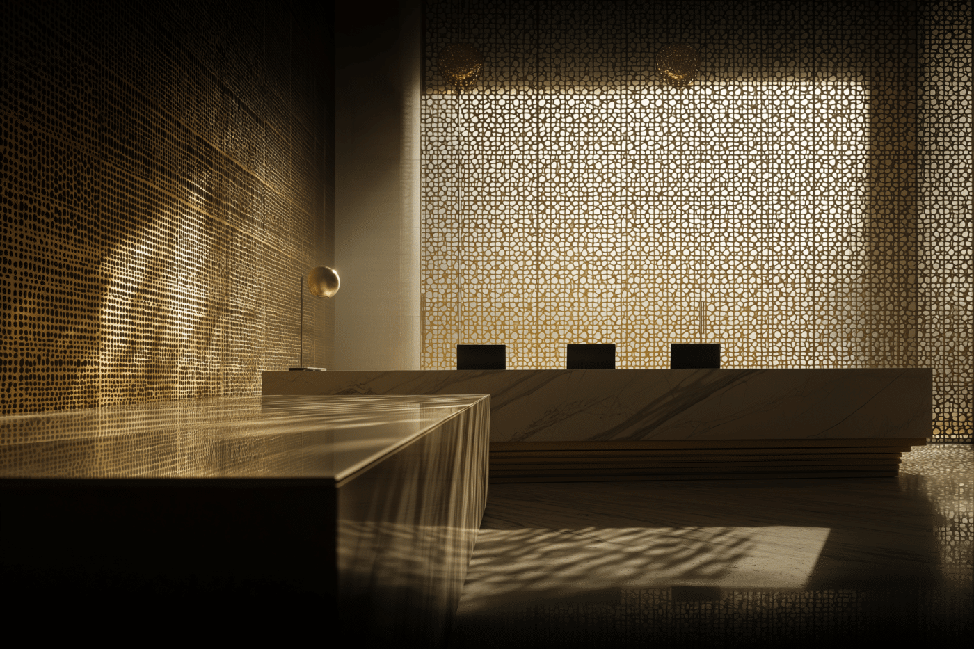 Elegante vestíbulo en Abu Dhabi para Sotheby’s Collectors’ Week: diseño moderno con detalles dorados y geométricos. Iluminación cálida y ambiente exclusivo.