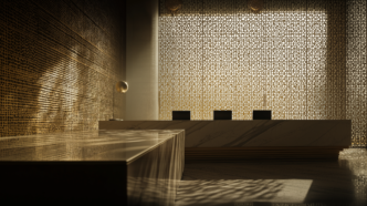 Elegante vestíbulo en Abu Dhabi para Sotheby’s Collectors’ Week: diseño moderno con detalles dorados y geométricos. Iluminación cálida y ambiente exclusivo.