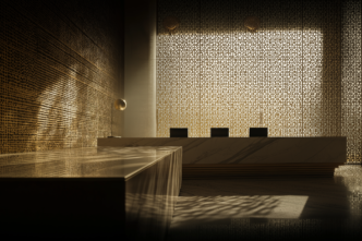 Elegante vestíbulo en Abu Dhabi para Sotheby’s Collectors’ Week: diseño moderno con detalles dorados y geométricos. Iluminación cálida y ambiente exclusivo.