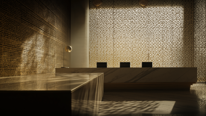 Elegante vestíbulo en Abu Dhabi para Sotheby’s Collectors’ Week: diseño moderno con detalles dorados y geométricos. Iluminación cálida y ambiente exclusivo.