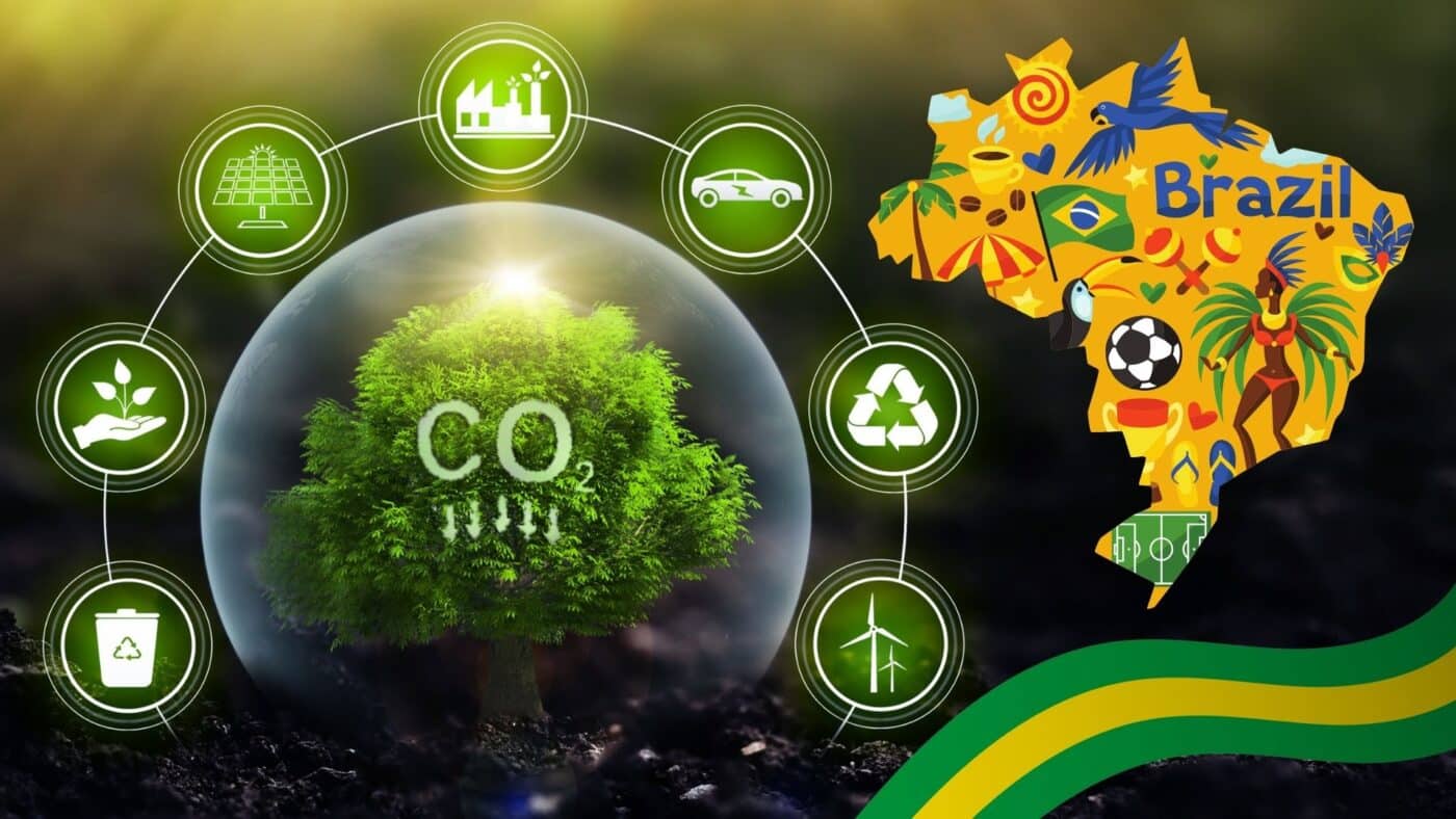 Brasil sustentable: árbol absorbiendo CO2, energía renovable y mapa colorido. Oportunidades ESG en Brasil para el futuro ecológico y sostenible.