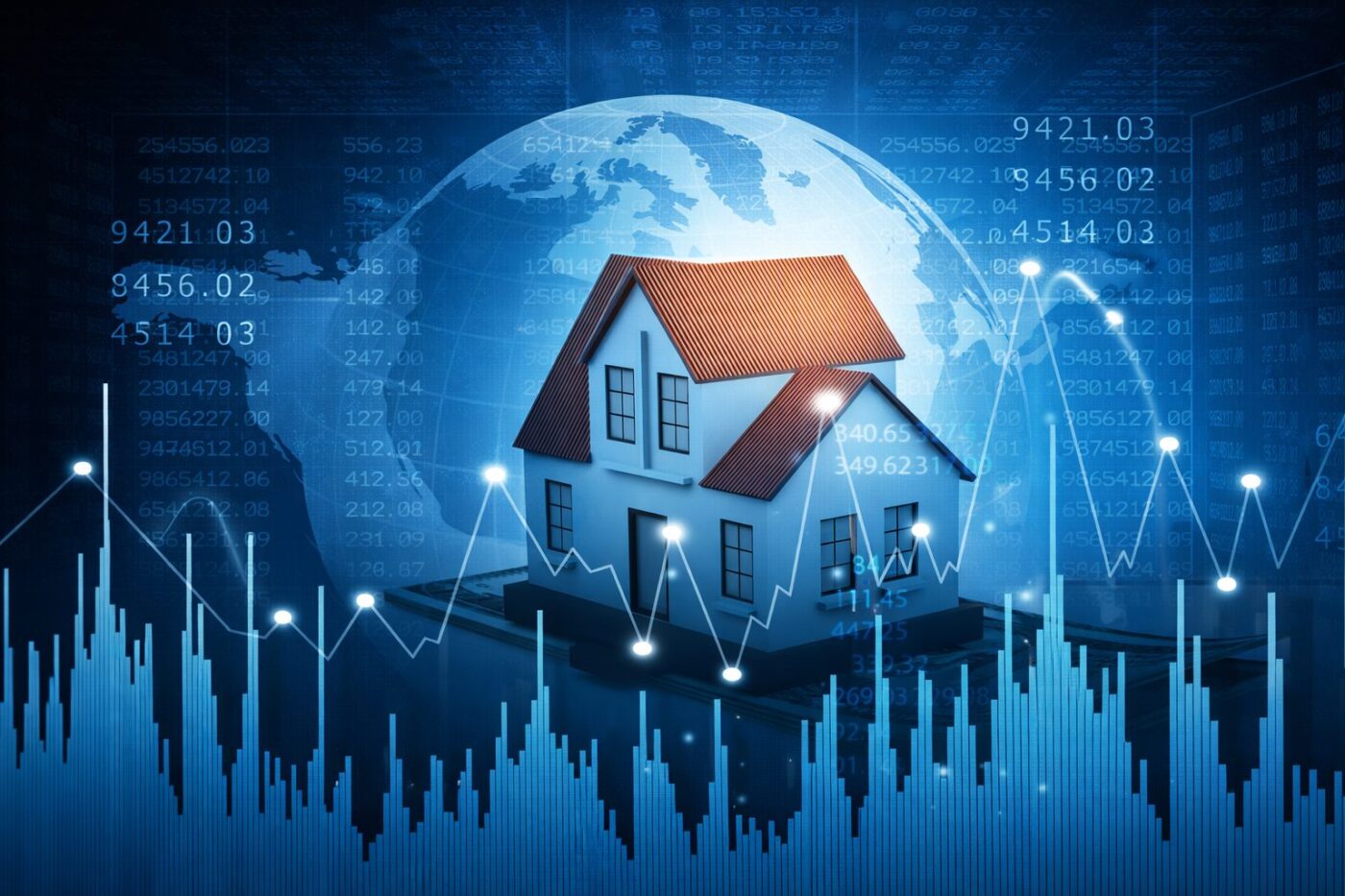 Casa modelo frente a un globo terráqueo con gráficos financieros inmobiliarios 2026 y datos bursátiles de fondo.