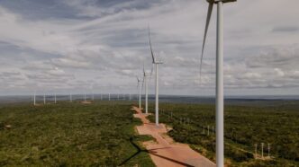 Parque eólico en Brasil, energía renovable para centro de datos de TikTok. Aerogeneradores en horizonte, cielo nublado. Inversión de 38 mil mdd.