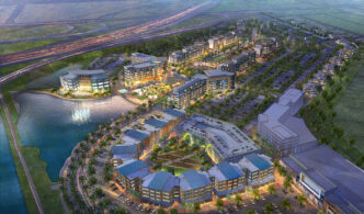 Vista aérea del desarrollo mixto University Village en Boca Ratón, con área comercial, residencial y centro de transporte. Imagen ilustrativa.