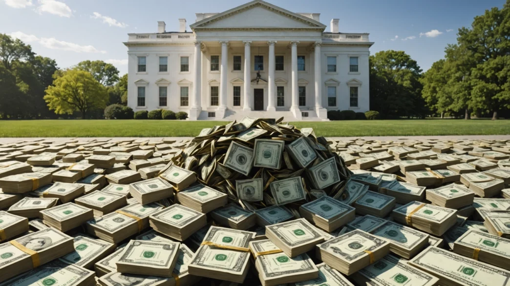 Billetes de dólares estadounidenses apilados frente a la Casa Blanca, persona cercana no visible.