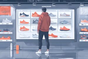 Persona con sudadera roja junto a tenis en Raupp's Shoes, tienda cerrando tras 116 años en Decatur.