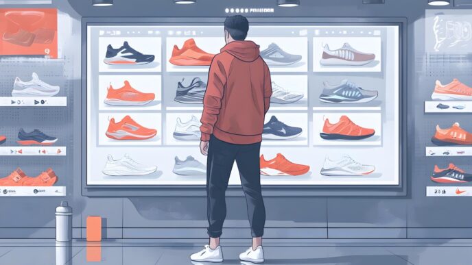 Persona con sudadera roja junto a tenis en Raupp's Shoes, tienda cerrando tras 116 años en Decatur.