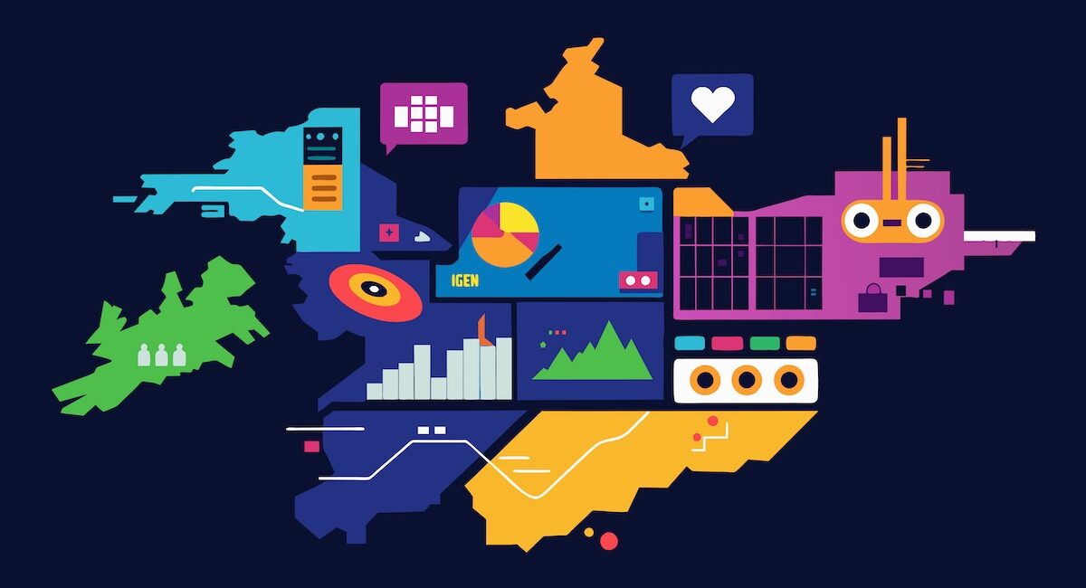 Mapa abstracto con gráficos e iconos, señala polo industrial en Mérida sobre fondo oscuro.