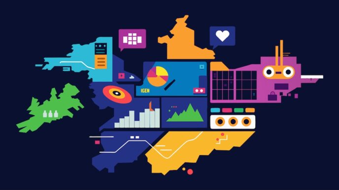 Mapa abstracto con gráficos e iconos, señala polo industrial en Mérida sobre fondo oscuro.