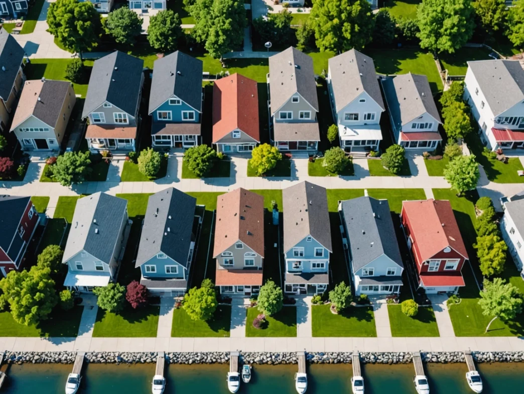 Vista aérea de casas frente al agua con césped, embarcaciones y el logo de Realtor.com con texto MLS.