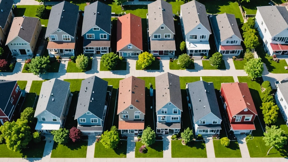 Vista aérea de casas frente al agua con césped, embarcaciones y el logo de Realtor.com con texto MLS.