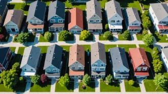 Vista aérea de casas frente al agua con césped, embarcaciones y el logo de Realtor.com con texto MLS.