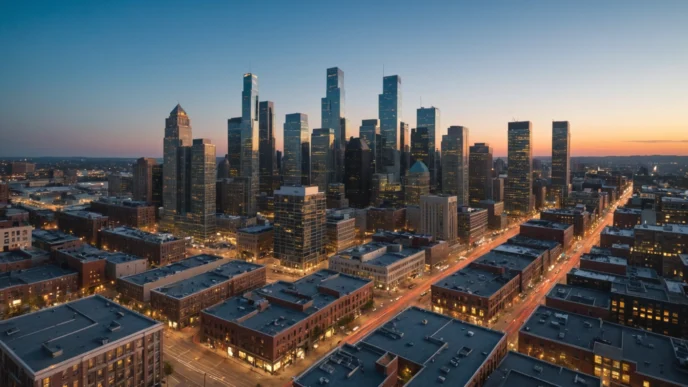 Horizonte de ciudad al atardecer con rascacielos Bharti Real Estate S.K. Sayal y calles iluminadas.