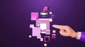 Mano 3D de persona señala cubos morados y rosas flotantes sobre fondo púrpura oscuro.