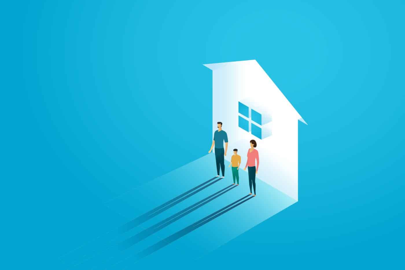 Tres personas dentro de la sombra del contorno de una casa.