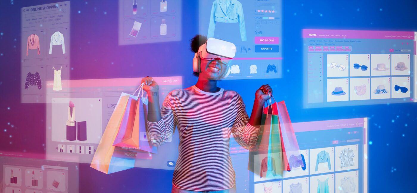 Persona usa visor de realidad virtual y sostiene bolsas de compras frente a interfaces de inteligencia artificial en retail.